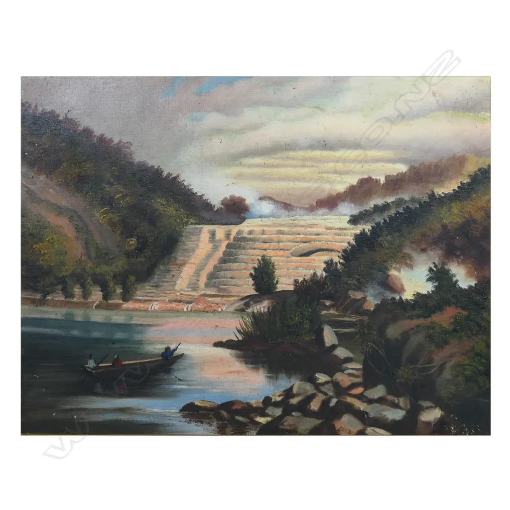 A pair of colonial New Zealand oils on canvas Pink & White Terraces, Image 1++